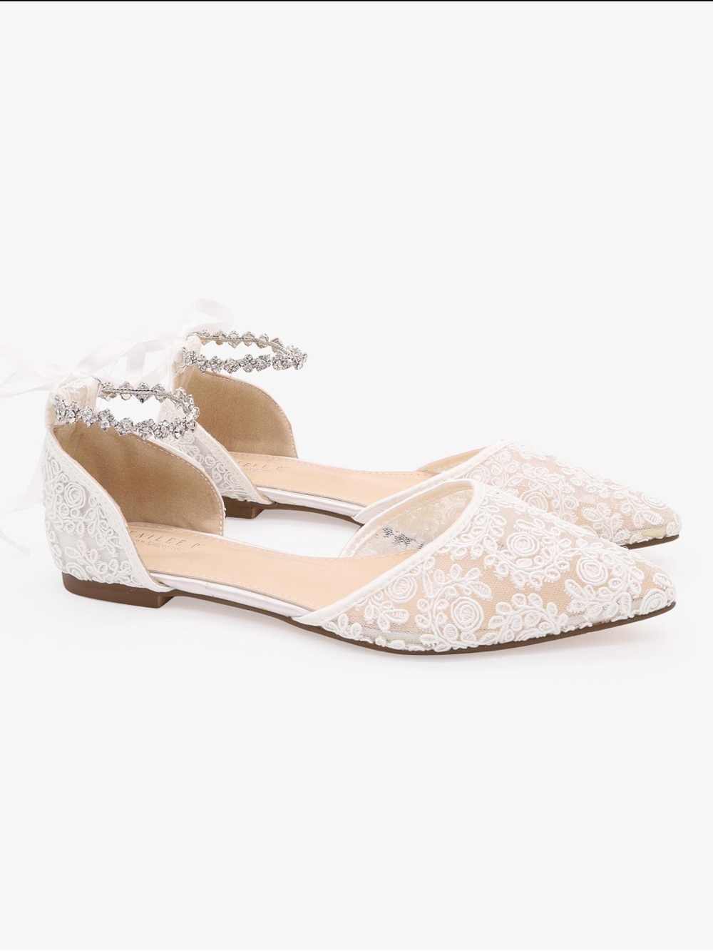 Kailee P Wedding Crochet Lace Pointy Toe Flats with Amaryllis Crystal Strap